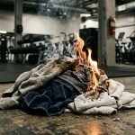 Oily towels in a pile on a gym floor catching fire